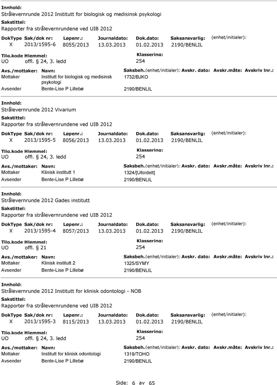 : Mottaker nstitutt for biologisk og medisinsk 1732/BJKO psykologi Bente-Lise Lillebø 2190/BENLL Strålevernrunde 2012 Vivarium Rapporter fra strålevernrundene ved B 2012 2013/1595-5 8056/2013 01.02.