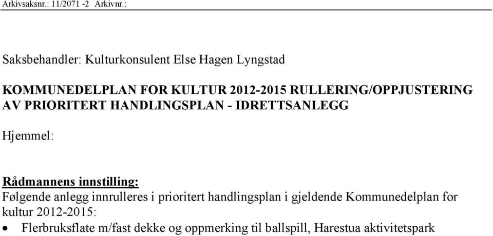 RULLERING/OPPJUSTERING AV PRIORITERT HANDLINGSPLAN - IDRETTSANLEGG Hjemmel: Rådmannens innstilling: