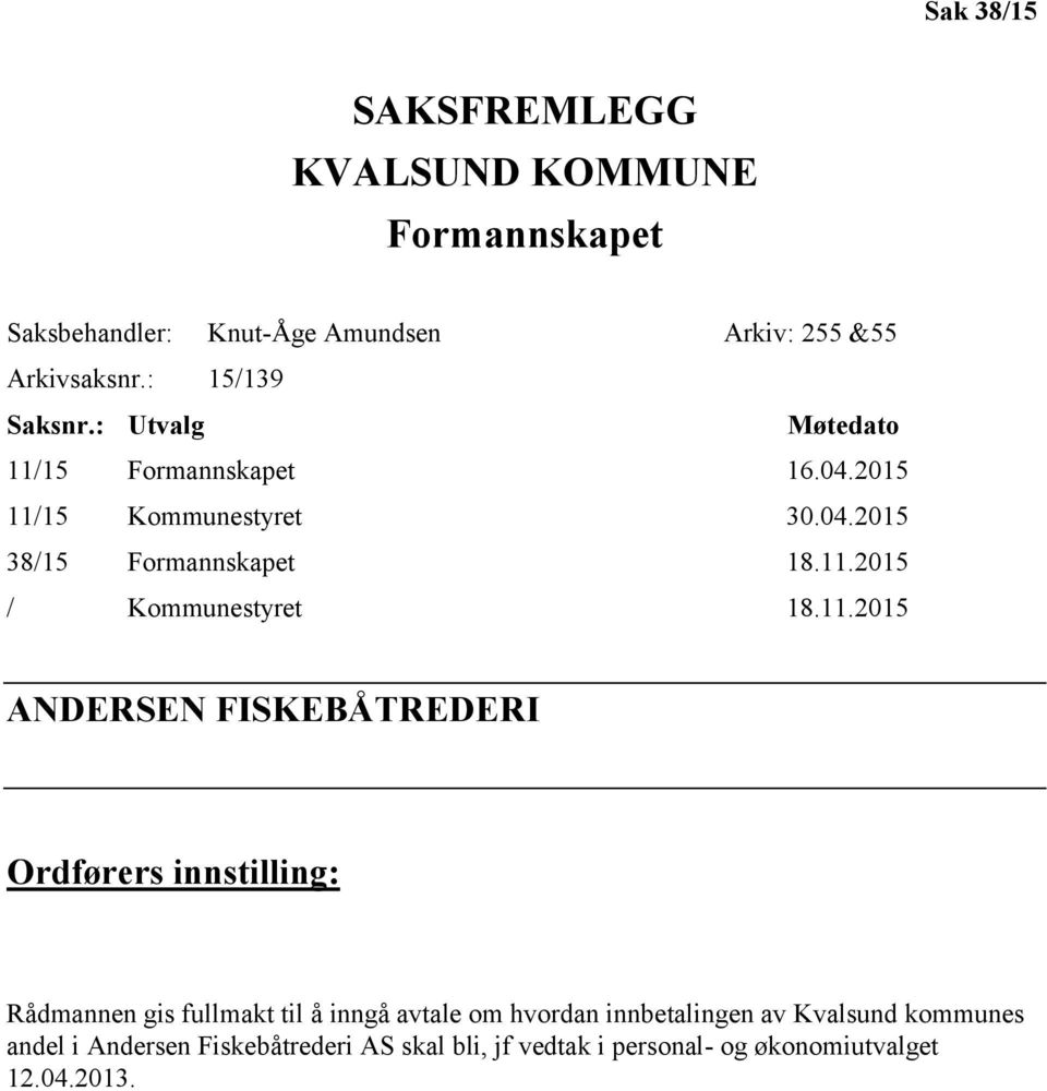 11.2015 ANDERSEN FISKEBÅTREDERI Ordførers innstilling: Rådmannen gis fullmakt til å inngå avtale om hvordan innbetalingen av