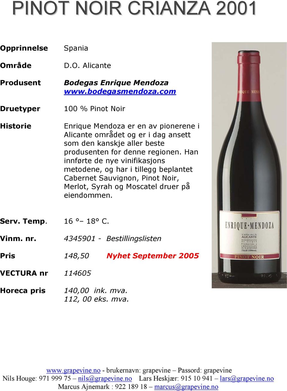 Han innførte de nye vinifikasjons metodene, og har i tillegg beplantet Cabernet Sauvignon, Pinot Noir, Merlot, Syrah og Moscatel druer på eiendommen. 16 18 C. Vinm.