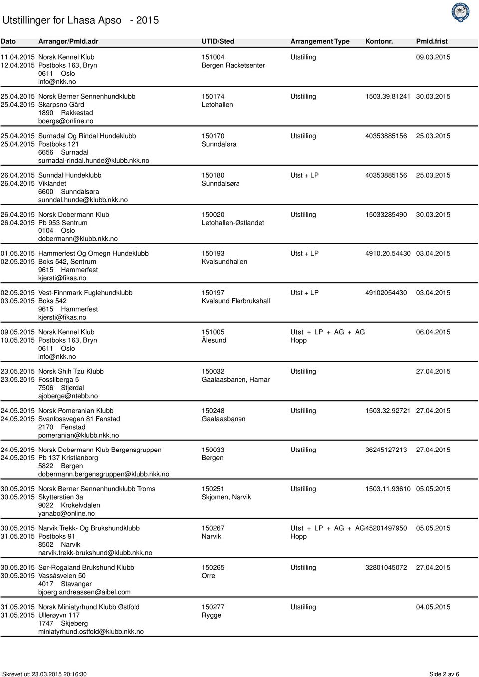 04.2015 Pb 953 Sentrum 0104 Oslo dobermann@klubb.nkk.no 01.05.2015 Hammerfest Og Omegn Hundeklubb 02.05.2015 Boks 542, Sentrum 9615 Hammerfest kjersti@fikas.no 02.05.2015 Vest-Finnmark Fuglehundklubb 03.