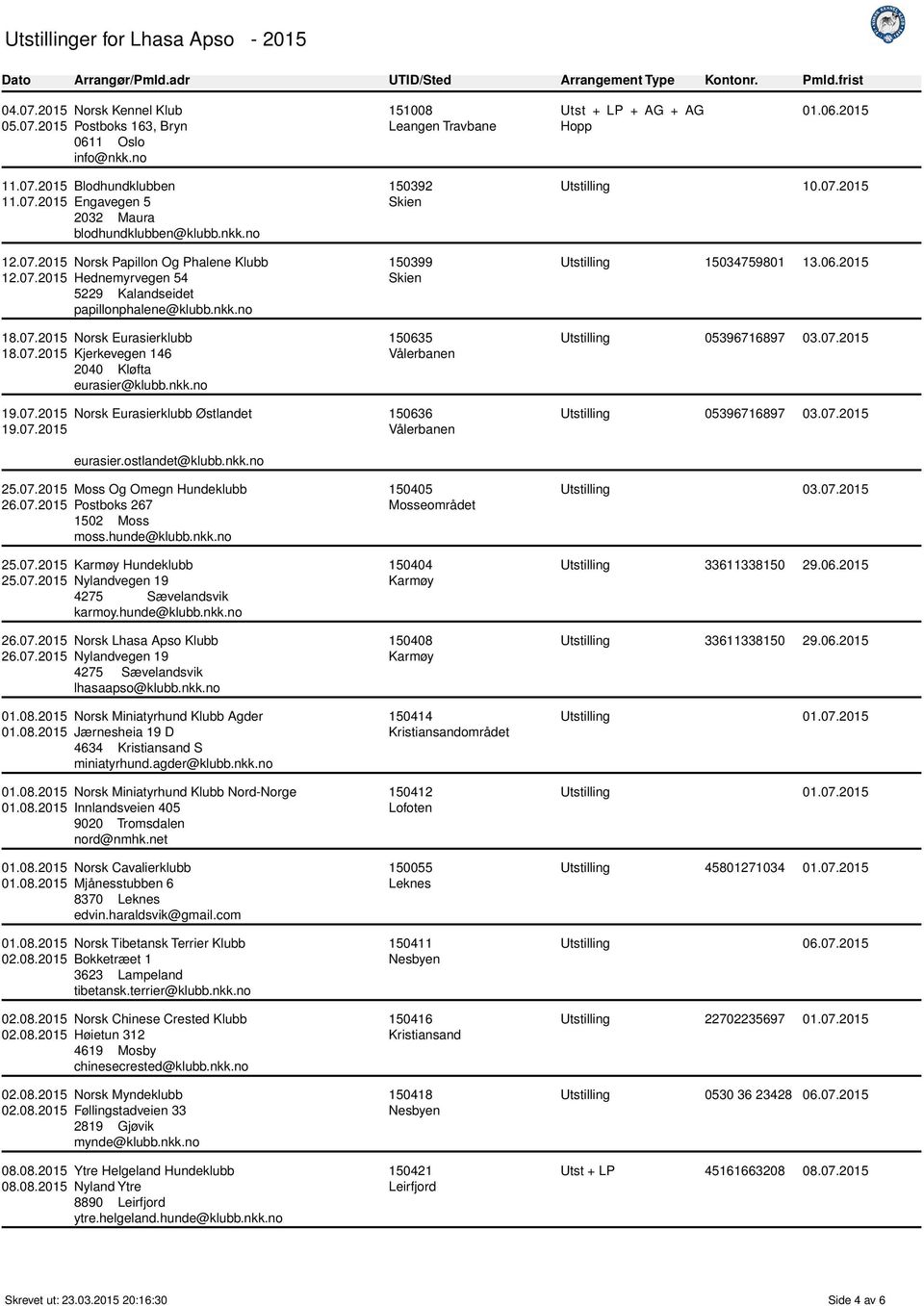 07.2015 eurasier.ostlandet@klubb.nkk.no 25.07.2015 Moss Og Omegn Hundeklubb 26.07.2015 Postboks 267 1502 Moss moss.hunde@klubb.nkk.no 25.07.2015 Karmøy Hundeklubb 25.07.2015 Nylandvegen 19 karmoy.