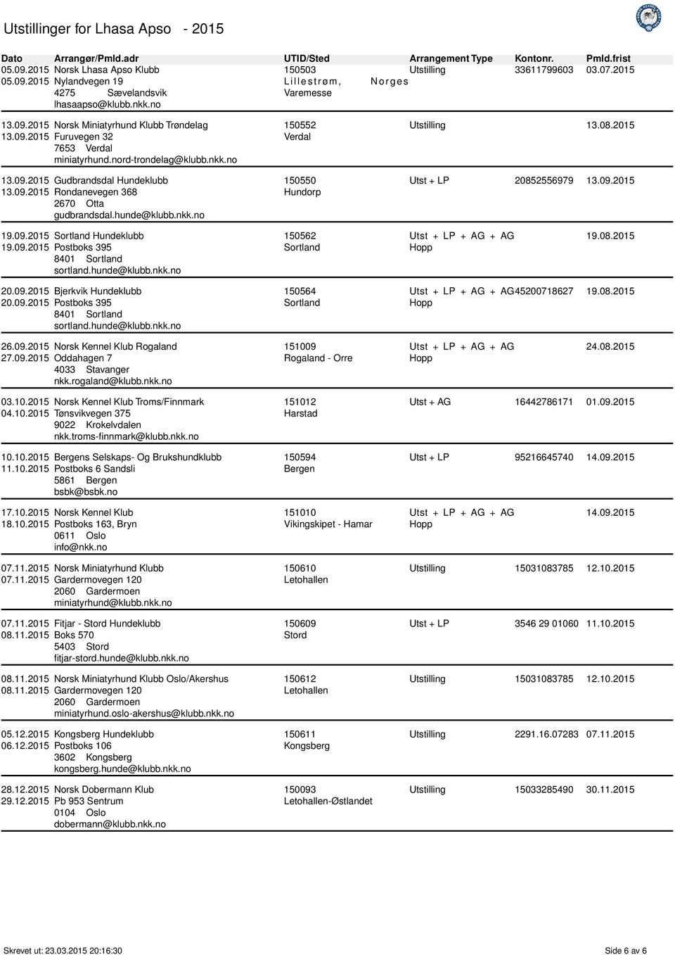 2015 Utst + LP 20852556979 13.09.2015 19.09.2015 Sortland Hundeklubb 19.09.2015 Postboks 395 8401 Sortland sortland.hunde@klubb.nkk.no 150562 Sortland 19.08.2015 20.09.2015 Bjerkvik Hundeklubb 20.09.2015 Postboks 395 8401 Sortland sortland.hunde@klubb.nkk.no 150564 Sortland 45200718627 19.