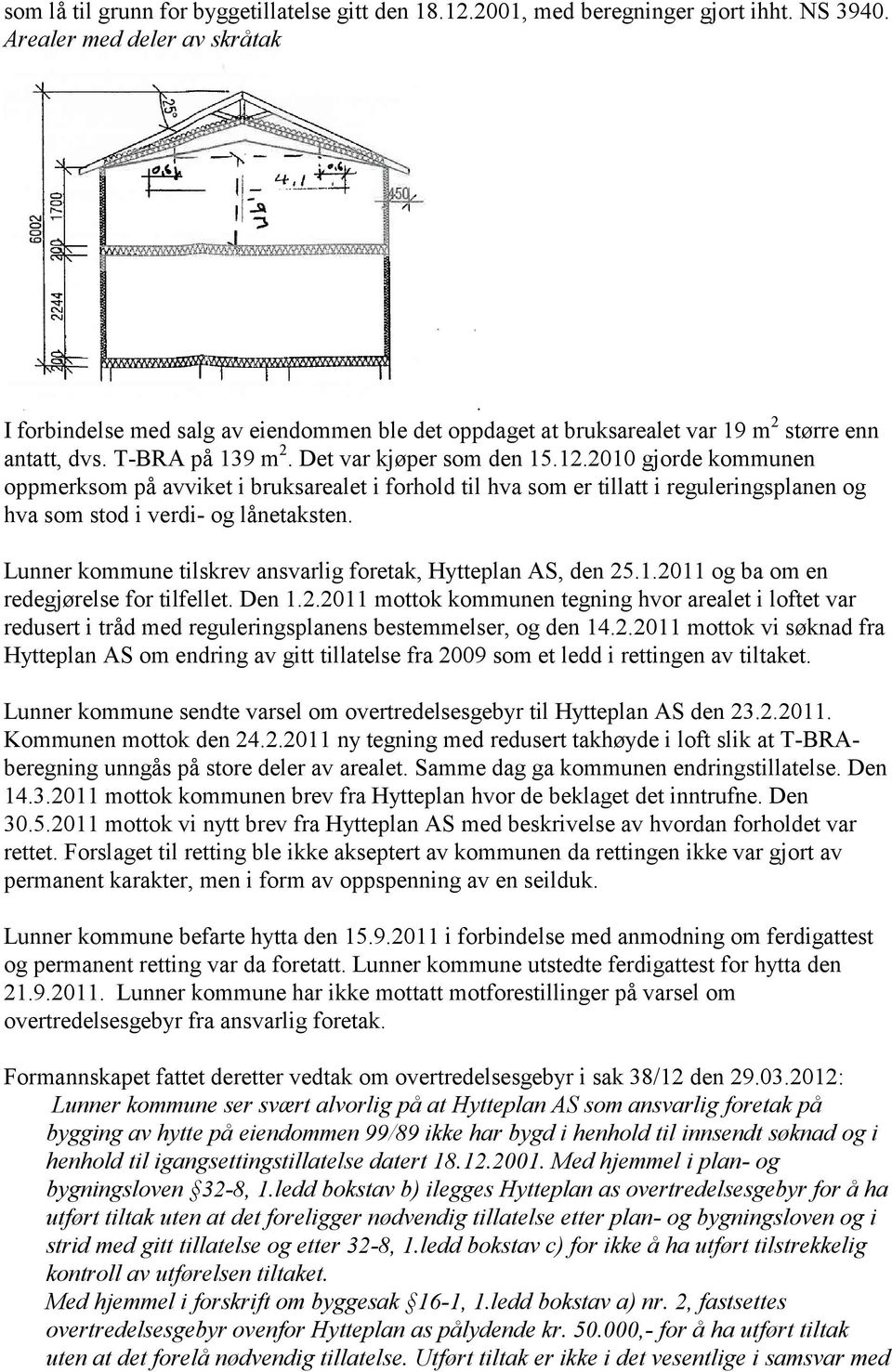 2010 gjorde kommunen oppmerksom på avviket i bruksarealet i forhold til hva som er tillatt i reguleringsplanen og hva som stod i verdi- og lånetaksten.