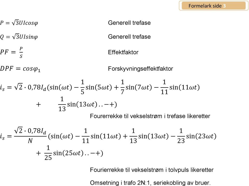 vekselstrøm i trefase likeretter Fourierrekke til