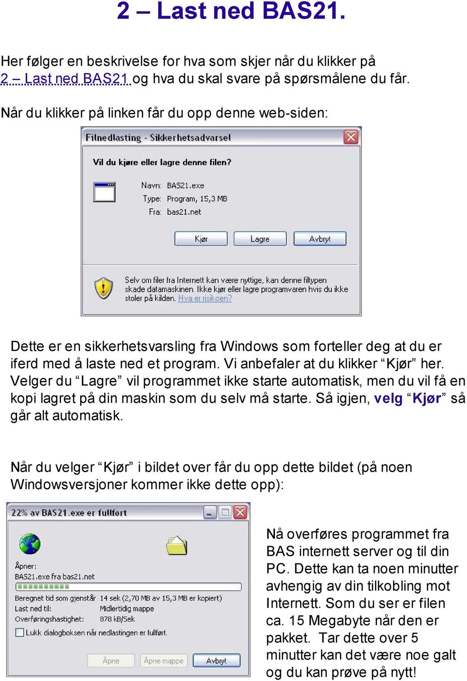 Velger du Lagre vil programmet ikke starte automatisk, men du vil få en kopi lagret på din maskin som du selv må starte. Så igjen, velg Kjør så går alt automatisk.