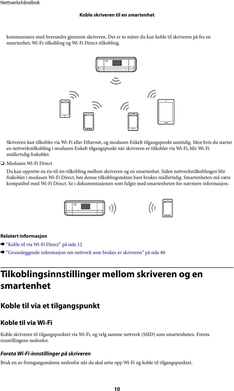 Men hvis du starter en nettverkstilkobling i modusen Enkelt tilgangspunkt når skriveren er tilkoblet via Wi-Fi, blir Wi-Fi midlertidig frakoblet.