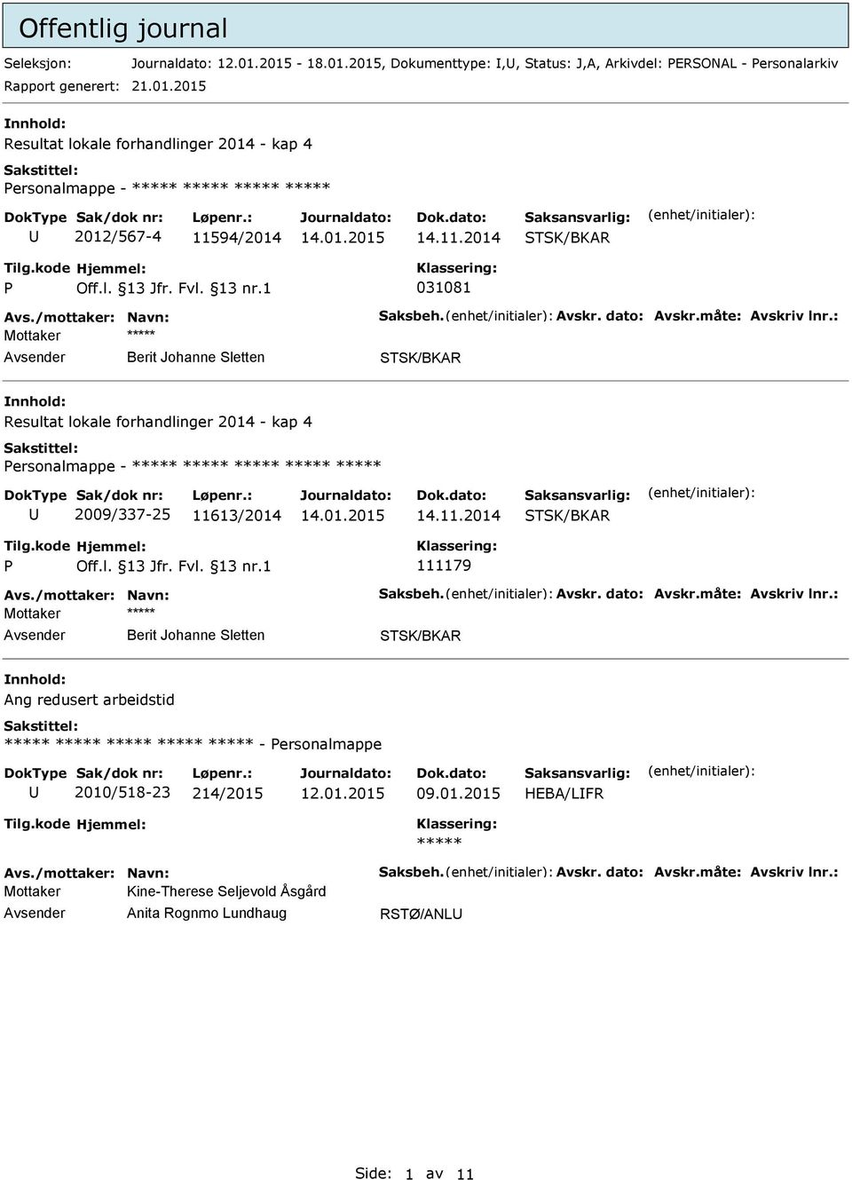 : Mottaker Berit Johanne Sletten Resultat lokale forhandlinger 2014 - kap 4 ersonalmappe - 2009/337-25 11613/2014 14.11.2014 111179 Avs./mottaker: Navn: Saksbeh. Avskr. dato: Avskr.