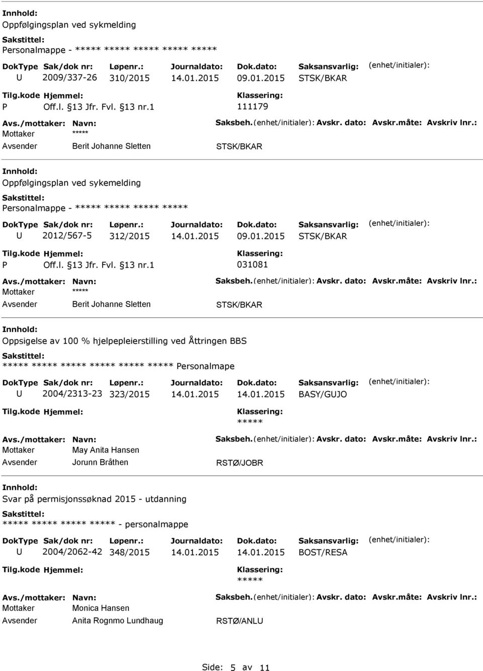 : Mottaker Berit Johanne Sletten Oppsigelse av 100 % hjelpepleierstilling ved Åttringen BBS ersonalmape 2004/2313-23 323/2015 BASY/GJO Avs./mottaker: Navn: Saksbeh. Avskr. dato: Avskr.