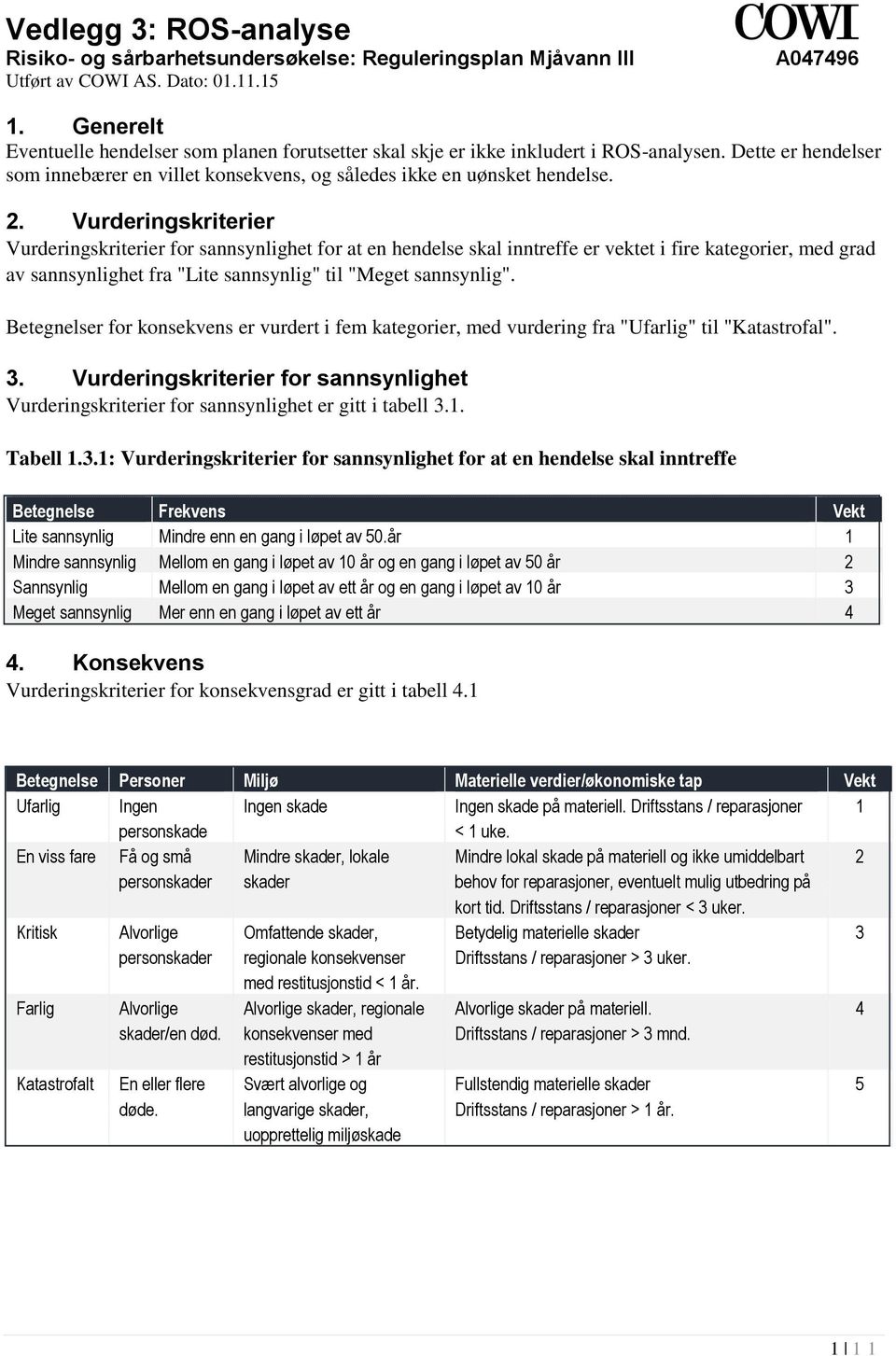 Vurderingskriterier Vurderingskriterier for sannsynlighet for at en hendelse skal inntreffe er vektet i fire kategorier, med grad av sannsynlighet fra "Lite sannsynlig" til "Meget sannsynlig".