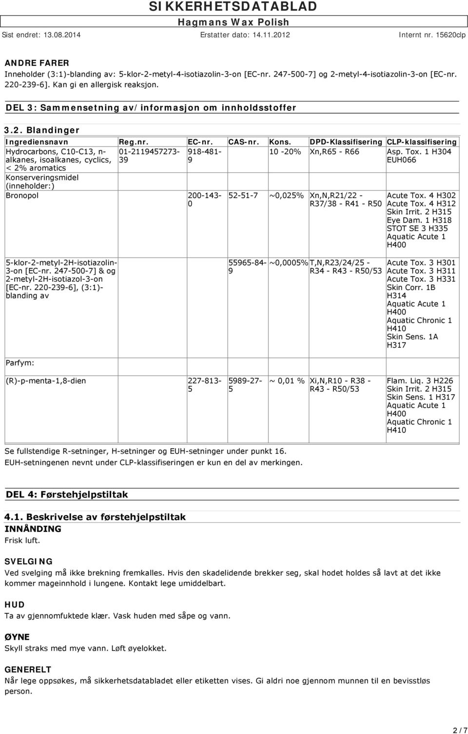 DPD-Klassifisering CLP-klassifisering Hydrocarbons, C10-C13, n- alkanes, isoalkanes, cyclics, < 2% aromatics 01-2119457273- 39 918-481- 9 10-20% Xn,R65 - R66 Asp. Tox.