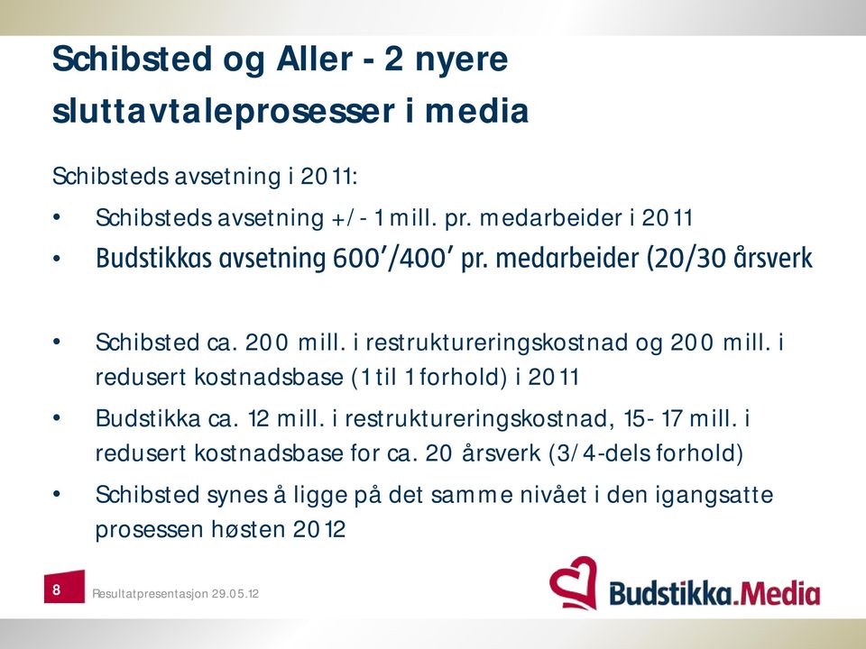 i redusert kostnadsbase (1 til 1 forhold) i 2011 Budstikka ca. 12 mill. i restruktureringskostnad, 15-17 mill.