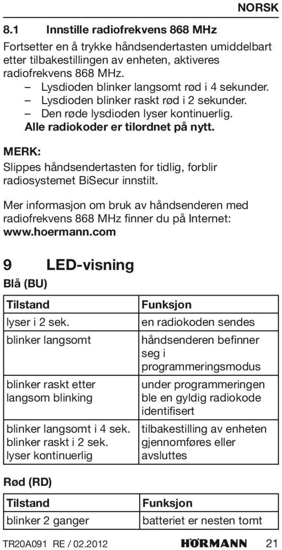 Merk: Slippes håndsendertasten for tidlig, forblir radiosystemet BiSecur innstilt. Mer informasjon om bruk av håndsenderen med radiofrekvens 868 MHz finner du på Internet: www. hoermann.