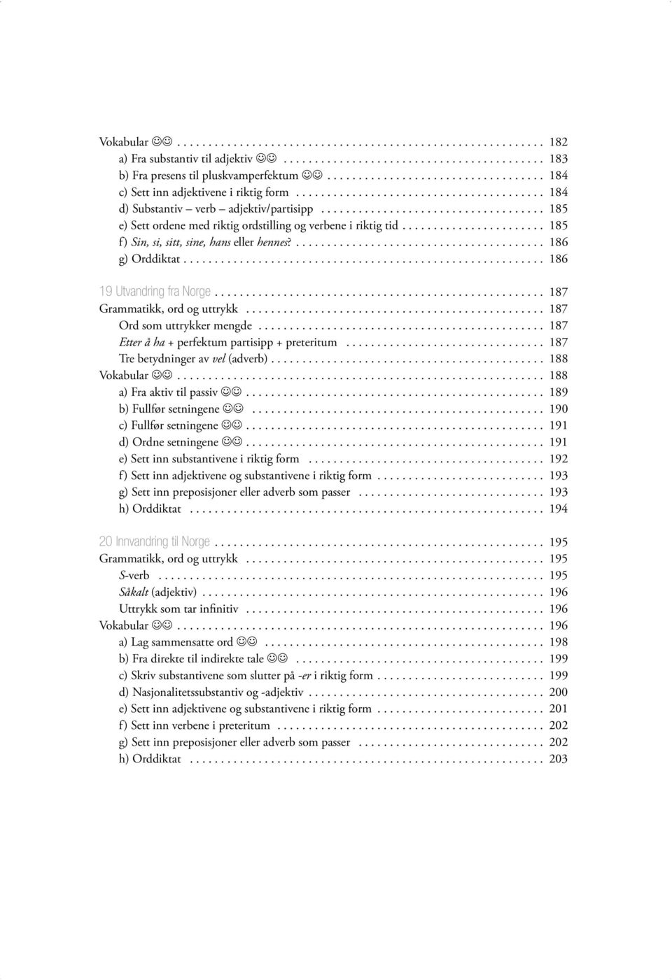 ................................... 185 e) Sett ordene med riktig ordstilling og verbene i riktig tid....................... 185 f) Sin, si, sitt, sine, hans eller hennes?........................................ 186 g) Orddiktat.