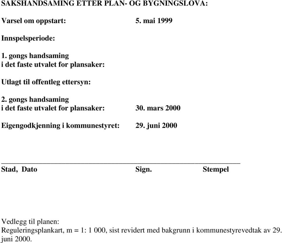 gongs handsaming i det faste utvalet for plansaker: 30. mars 2000 Eigengodkjenning i kommunestyret: 29.