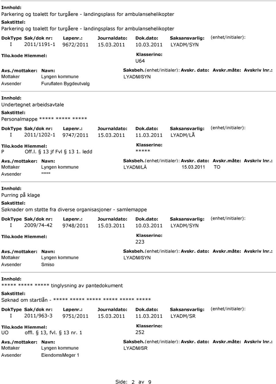 /mottaker: Navn: Saksbeh. Avskr. dato: Avskr.måte: Avskriv lnr.: LYADM/LÅ TO nnhold: urring på klage Søknader om støtte fra diverse organisasjoner - samlemappe 2009/74-42 9748/2011 LYADM/SYN 223 Avs.