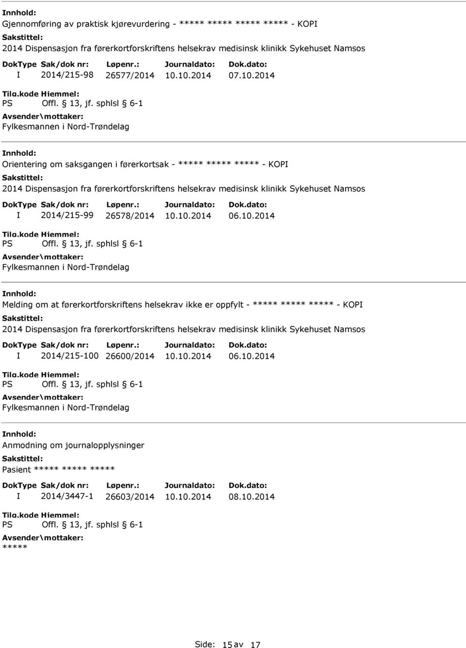 Sykehuset Namsos 2014/215-99 26578/2014 06.10.