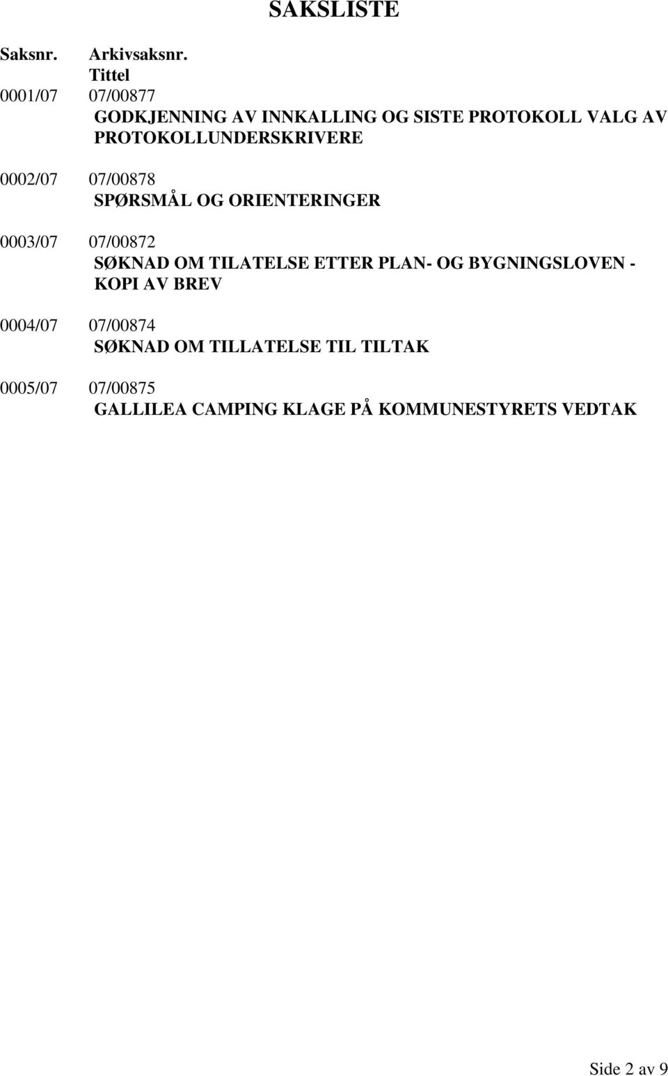 PROTOKOLLUNDERSKRIVERE 0002/07 07/00878 SPØRSMÅL OG ORIENTERINGER 0003/07 07/00872 SØKNAD OM