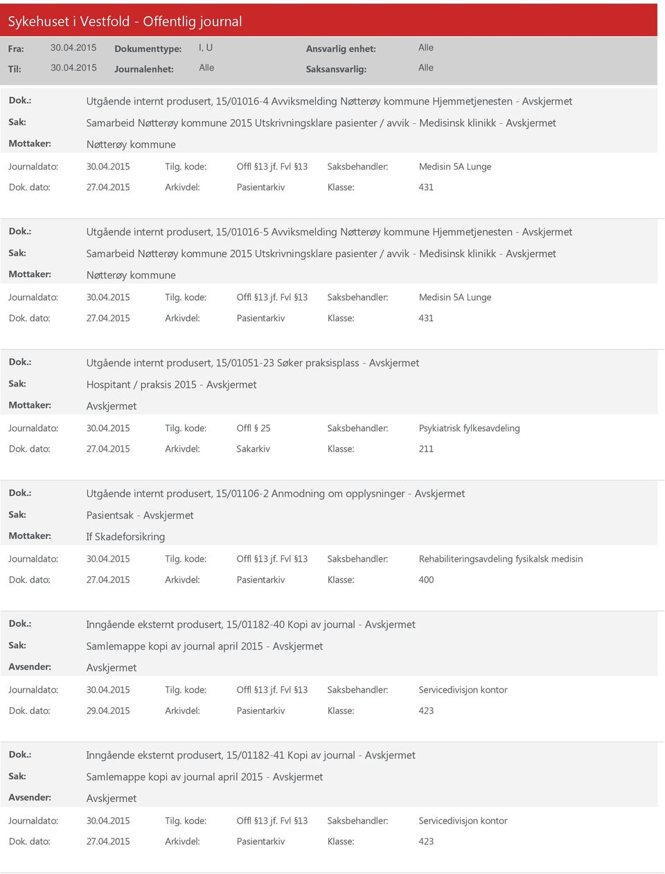 Nøtterøy kommune Medisin 5A Lunge 431 Utgående internt produsert, 15/01051-23 Søker praksisplass - Hospitant / praksis 2015 - Psykiatrisk fylkesavdeling 211 Utgående internt produsert, 15/01106-2