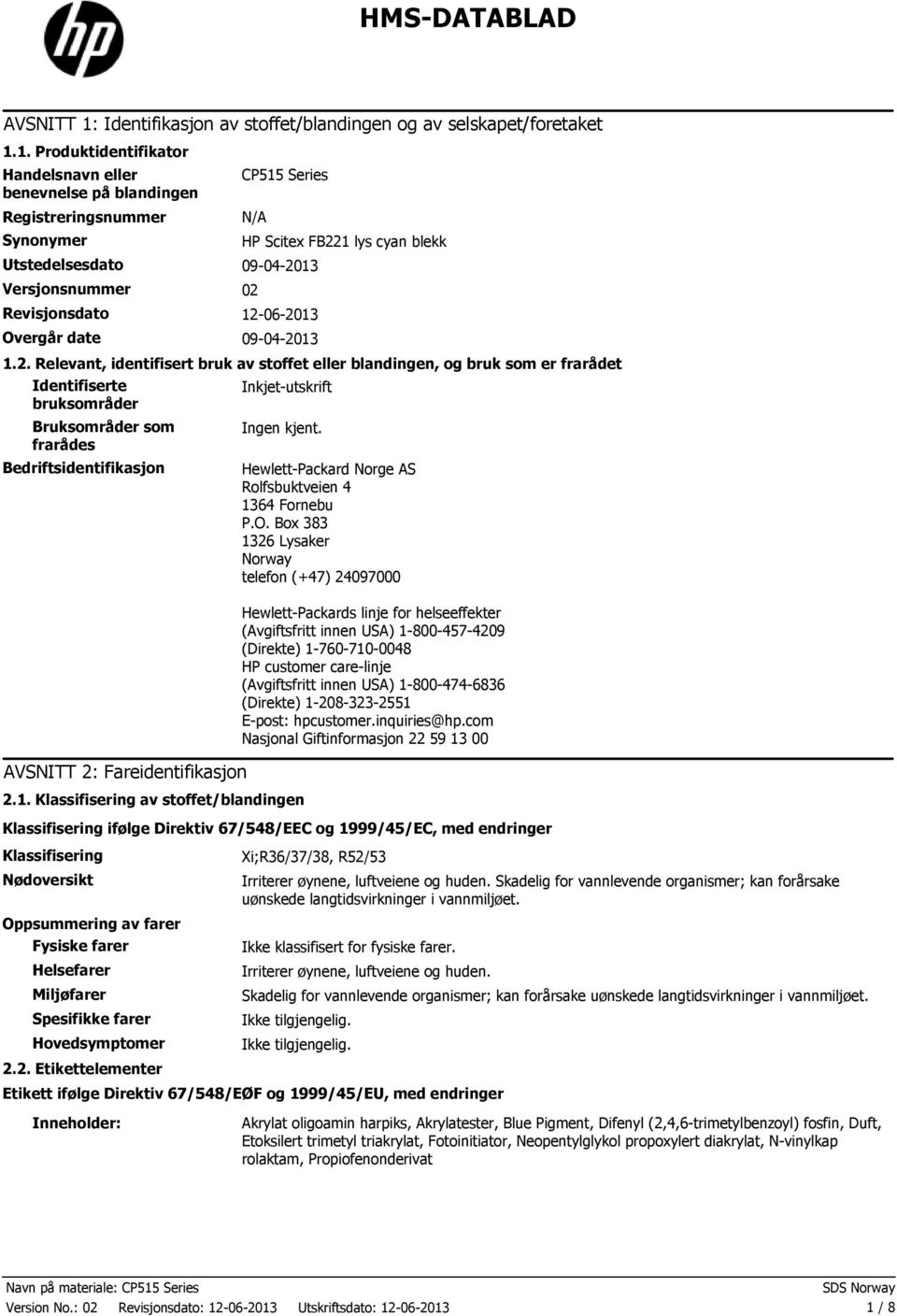 1. Produktidentifikator Handelsnavn eller benevnelse på blandingen Registreringsnummer Synonymer CP515 Series N/A Utstedelsesdato 09042013 Versjonsnummer 02 Revisjonsdato 12062013 Overgår date