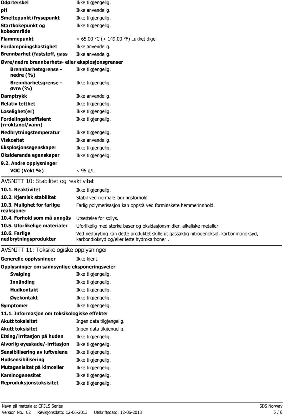 Fordelingskoeffisien t (noktanol/vann) Nedbrytningstemperat u r Viskositet Eksplosjonsegenskaper Oksiderende egenskaper 9.2.