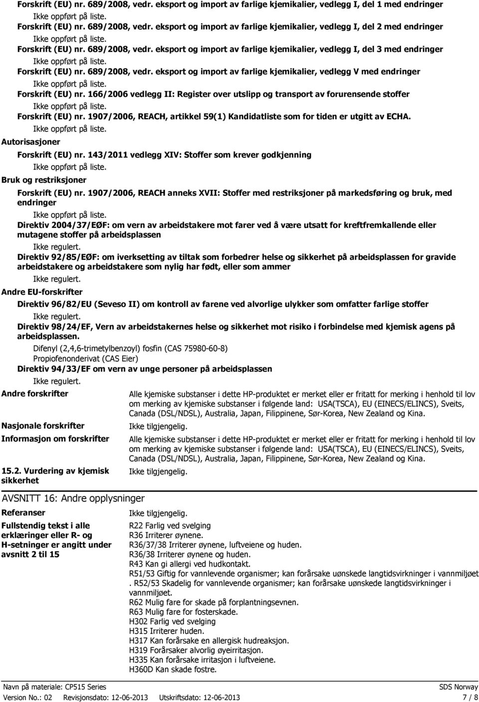 eksport og import av farlige kjemikalier, vedlegg V med endringer Forskrift (EU) nr. 166/2006 vedlegg II: Register over utslipp og transport av forurensende stoffer Forskrift (EU) nr.