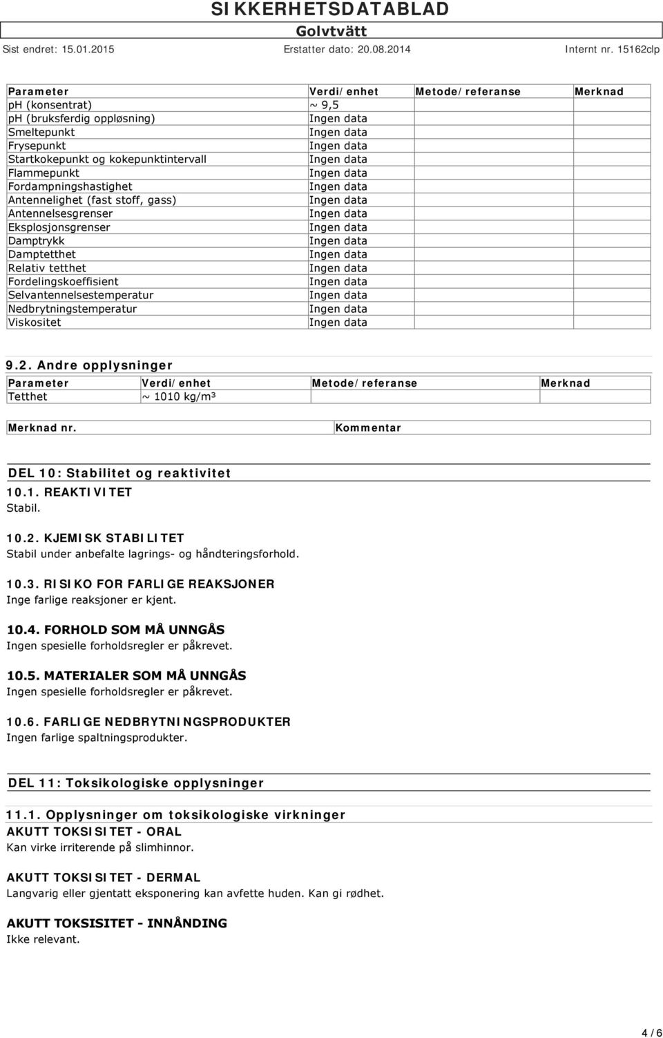 Andre opplysninger Parameter Verdi/enhet Metode/referanse Merknad Tetthet ~ 1010 kg/m³ Merknad nr. Kommentar DEL 10: Stabilitet og reaktivitet 10.1. REAKTIVITET Stabil. 10.2.