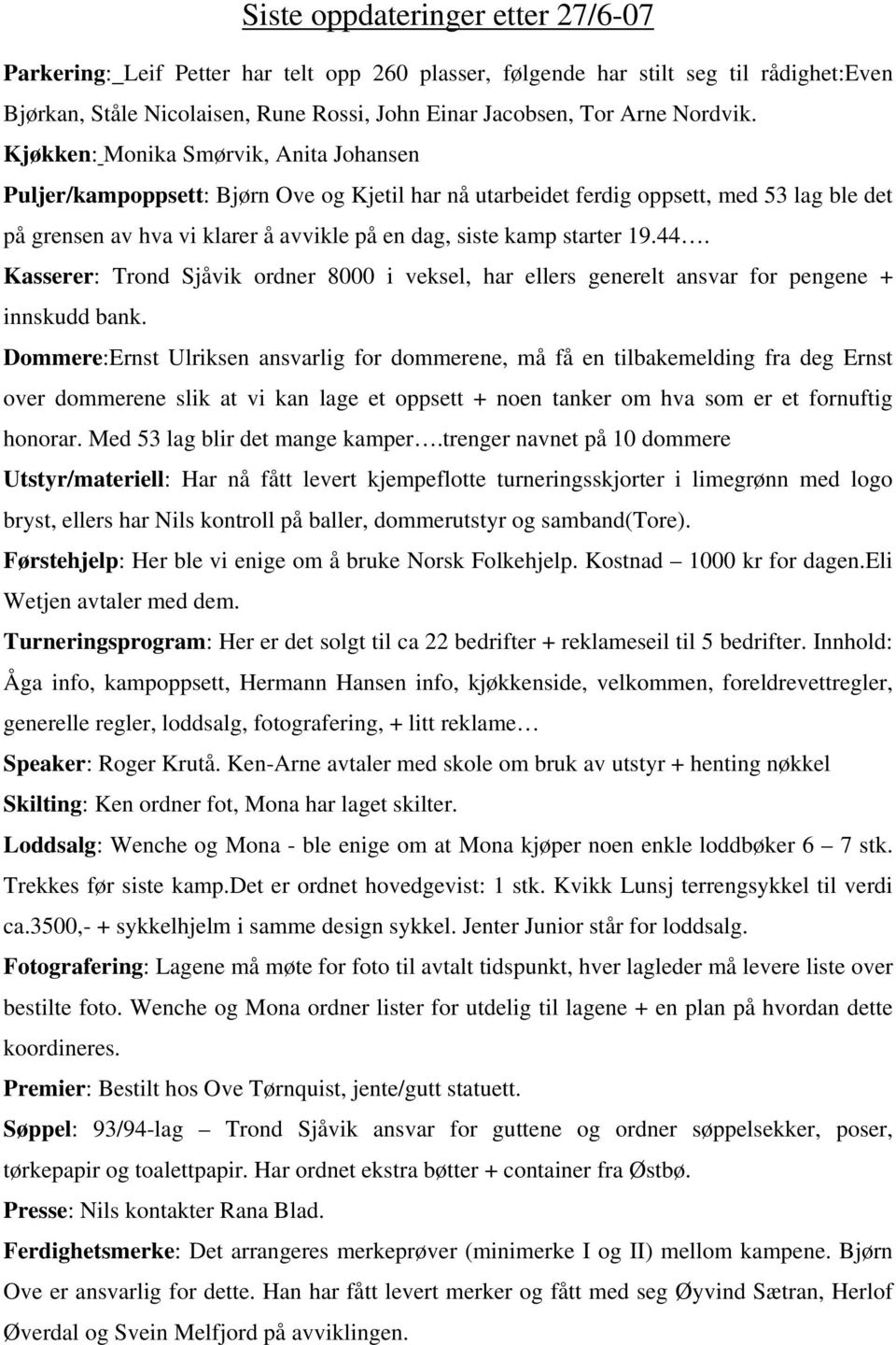 Kjøkken: Monika Smørvik, Anita Johansen Puljer/kampoppsett: Bjørn Ove og Kjetil har nå utarbeidet ferdig oppsett, med 53 lag ble det på grensen av hva vi klarer å avvikle på en dag, siste kamp