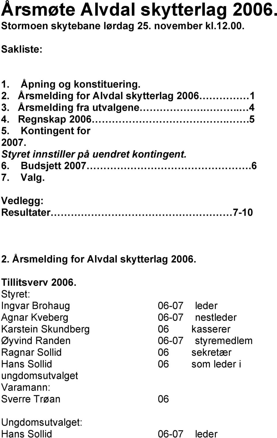 Vedlegg: Resultater 7-10 2. Årsmelding for Alvdal skytterlag 2006. Tillitsverv 2006.