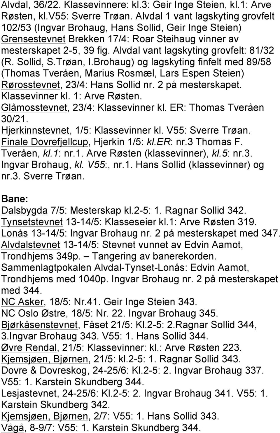 Alvdal vant lagskyting grovfelt: 81/32 (R. Sollid, S.Trøan, I.Brohaug) og lagskyting finfelt med 89/58 (Thomas Tveråen, Marius Rosmæl, Lars Espen Steien) Rørosstevnet, 23/4: Hans Sollid nr.