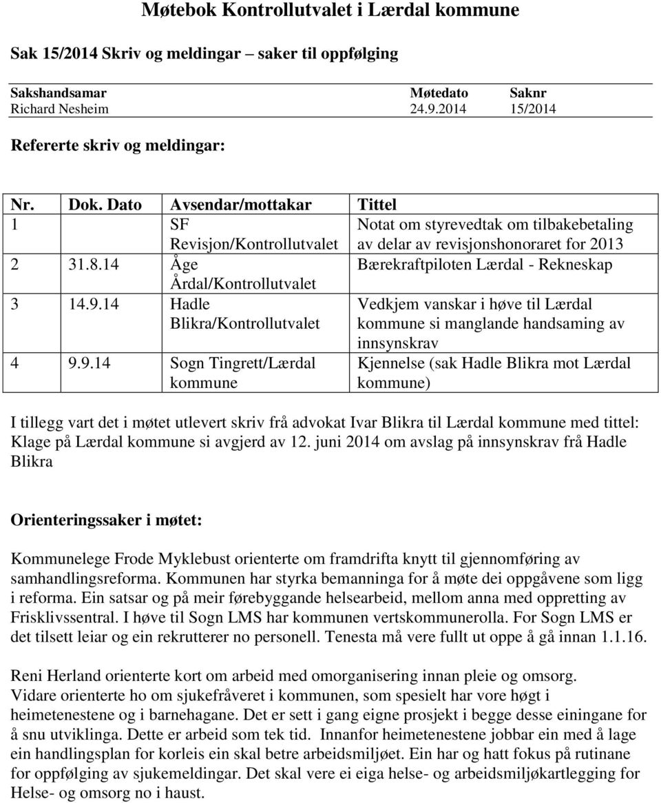 14 Åge Bærekraftpiloten Lærdal - Rekneskap Årdal/Kontrollutvalet 3 14.9.