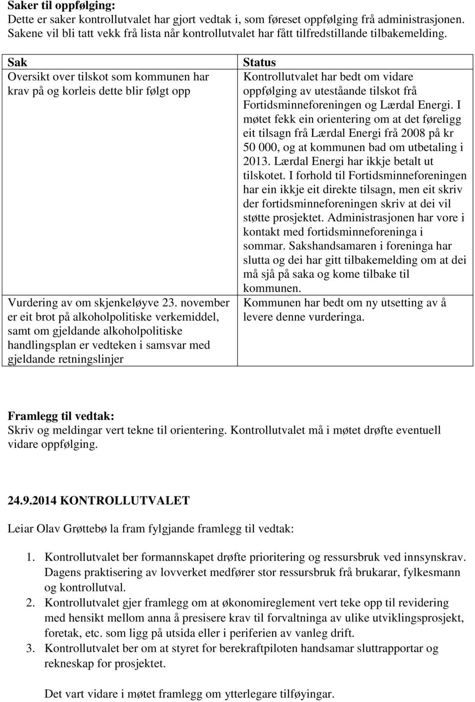 Sak Oversikt over tilskot som kommunen har krav på og korleis dette blir følgt opp Vurdering av om skjenkeløyve 23.