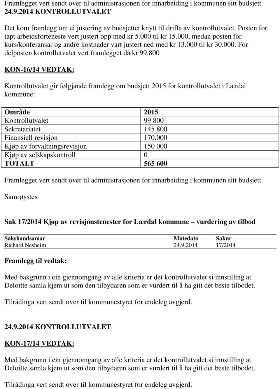 800 KON-16/14 VEDTAK: Kontrollutvalet gir følgjande framlegg om budsjett 2015 for kontrollutvalet i Lærdal kommune: Område 2015 Kontrollutvalet 99 800 Sekretariatet 145 800 Finansiell revisjon 170.