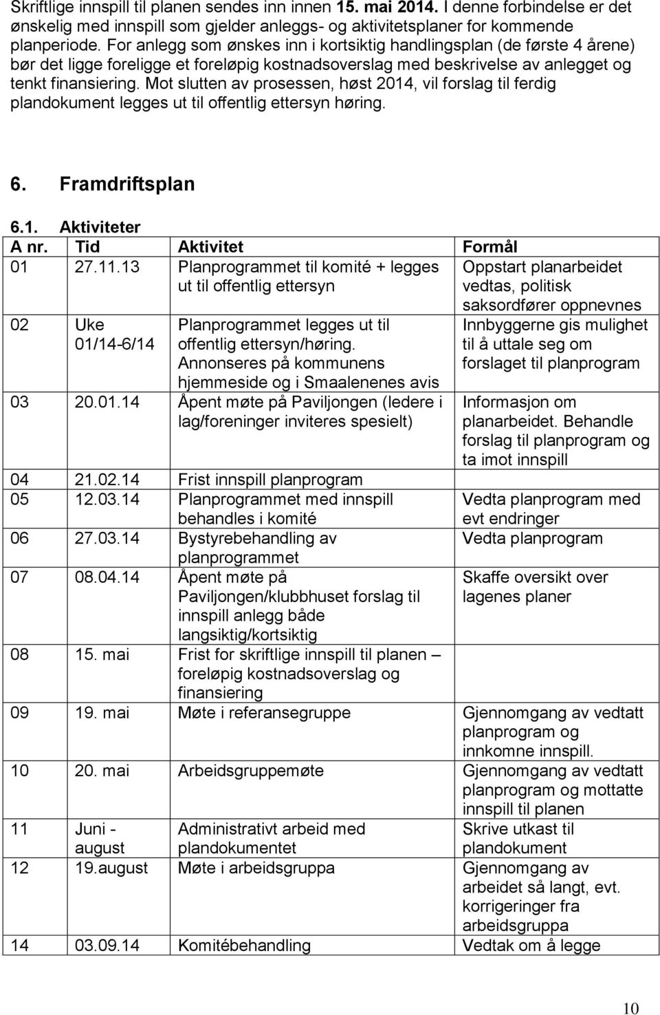 Mot slutten av prosessen, høst 2014, vil forslag til ferdig plandokument legges ut til offentlig ettersyn høring. 6. Framdriftsplan 6.1. Aktiviteter A nr. Tid Aktivitet Formål 01 27.11.