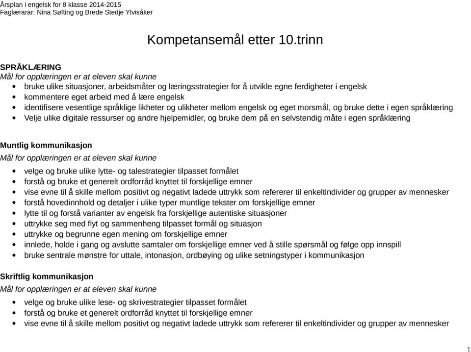 engelsk identifisere vesentlige språklige likheter og ulikheter mellom engelsk og eget morsmål, og bruke dette i egen språklæring Velje ulike digitale ressurser og andre hjelpemidler, og bruke dem på