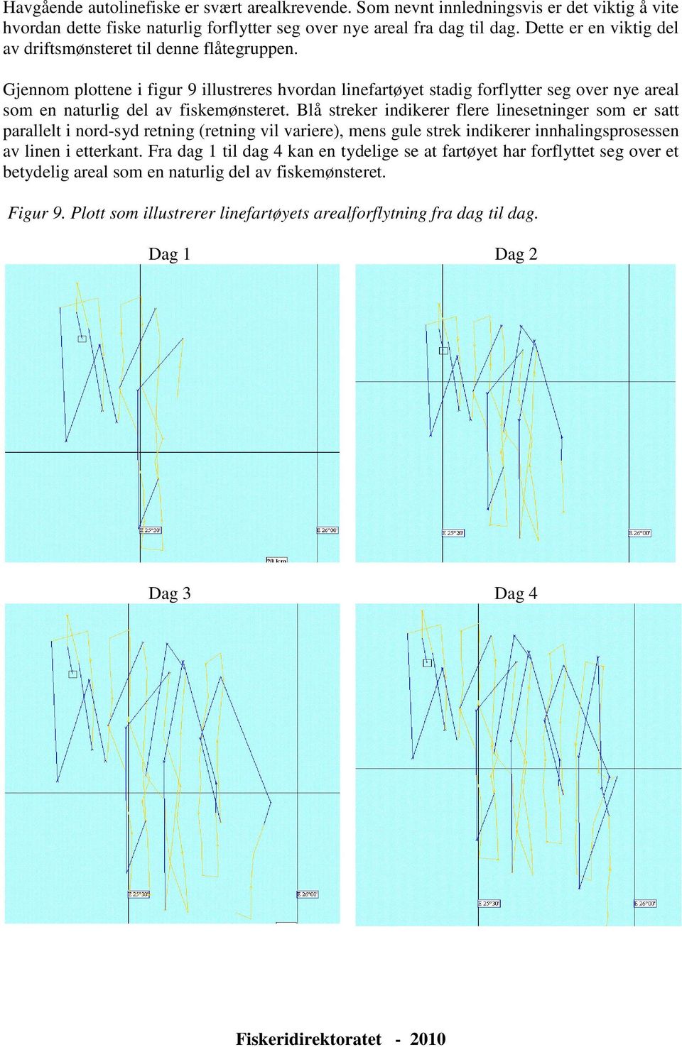 Gjennom plottene i figur 9 illustreres hvordan linefartøyet stadig forflytter seg over nye areal som en naturlig del av fiskemønsteret.