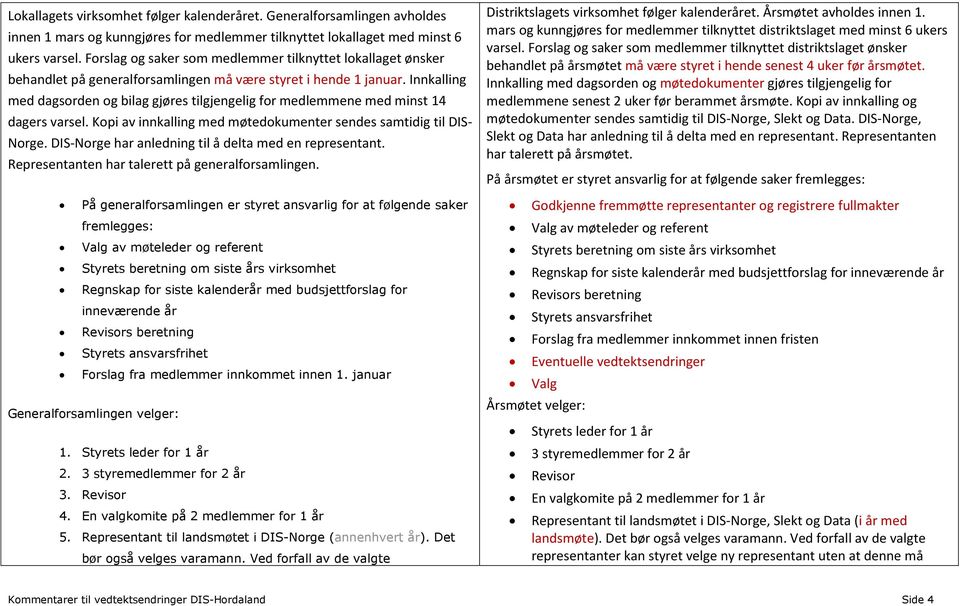 Innkalling med dagsorden og bilag gjøres tilgjengelig for medlemmene med minst 14 dagers varsel. Kopi av innkalling med møtedokumenter sendes samtidig til DIS- Norge.