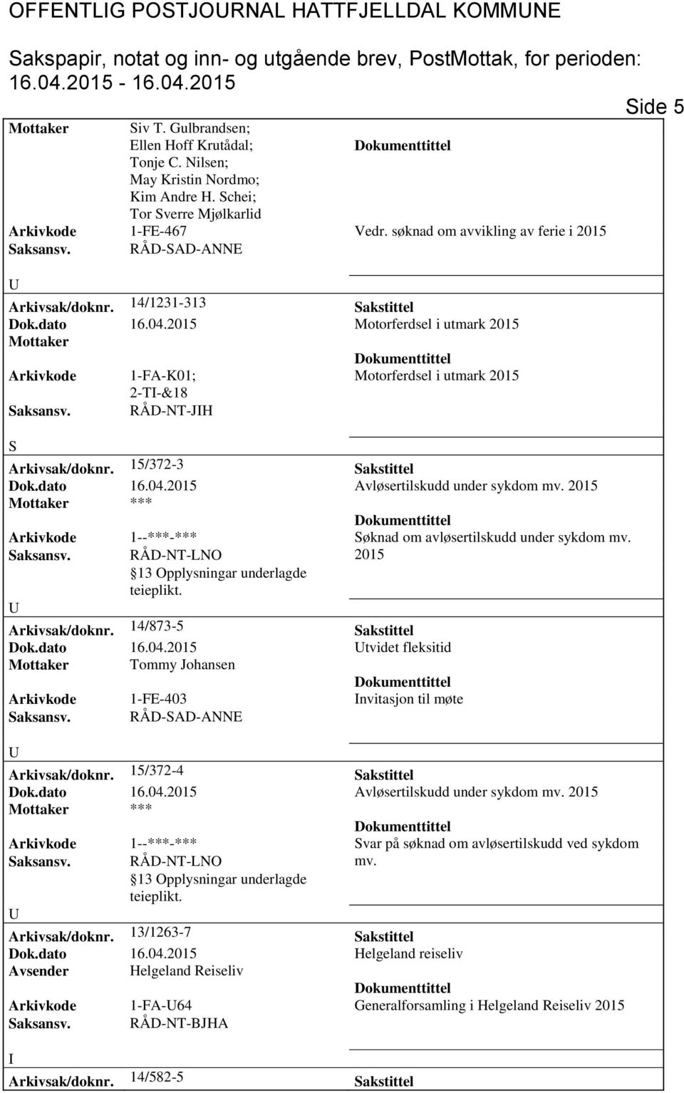 2015 Motorferdsel i utmark 2015 Arkivkode 1-FA-K01; Motorferdsel i utmark 2015 2-T-&18 aksansv. RÅD-NT-JH Arkivsak/doknr. 15/372-3 akstittel Dok.dato 16.04.2015 Avløsertilskudd under sykdom mv.