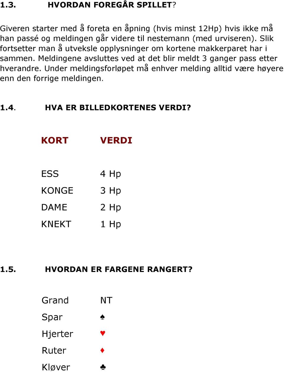 Slik fortsetter man å utveksle opplysninger om kortene makkerparet har i sammen.