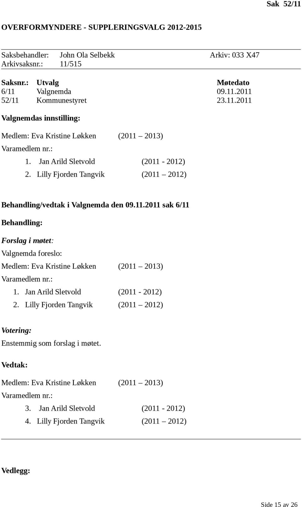 11.2011 sak 6/11 Behandling: Forslag i møtet: Valgnemda foreslo: Medlem: Eva Kristine Løkken (2011 2013) Varamedlem nr.: 1. Jan Arild Sletvold (2011-2012) 2.