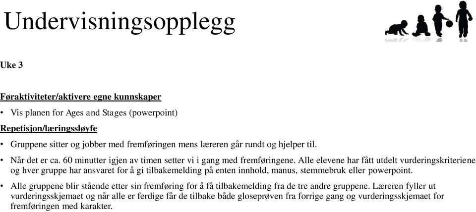 Alle elevene har fått utdelt vurderingskriteriene og hver gruppe har ansvaret for å gi tilbakemelding på enten innhold, manus, stemmebruk eller powerpoint.