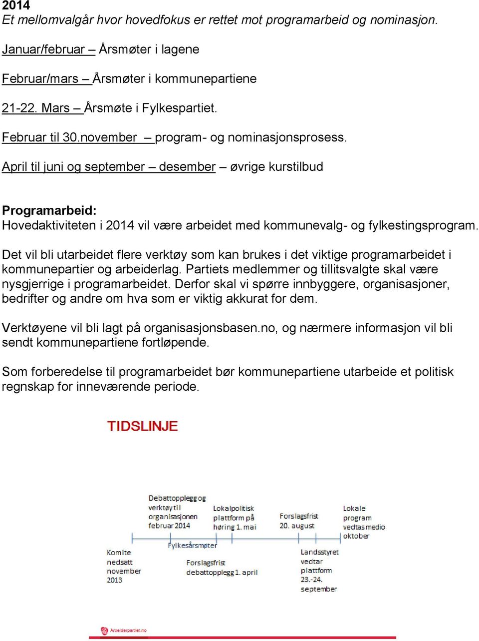 April til juni og september desember øvrige kurstilbud Programarbeid: Hovedaktiviteten i 2014 vil være arbeidet med kommunevalg- og fylkestingsprogram.