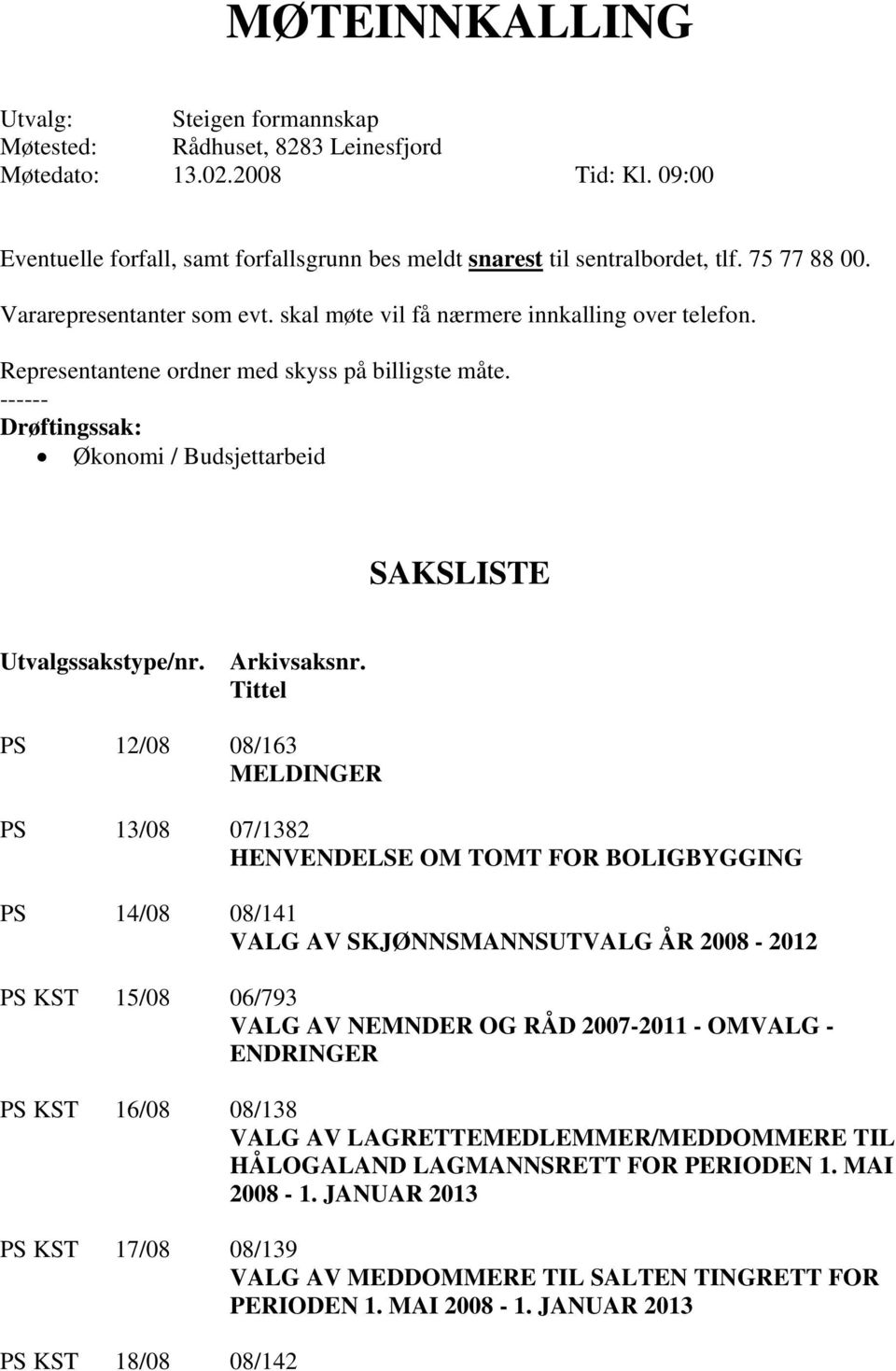 ------ Drøftingssak: Økonomi / Budsjettarbeid SAKSLISTE Utvalgssakstype/nr. Arkivsaksnr.