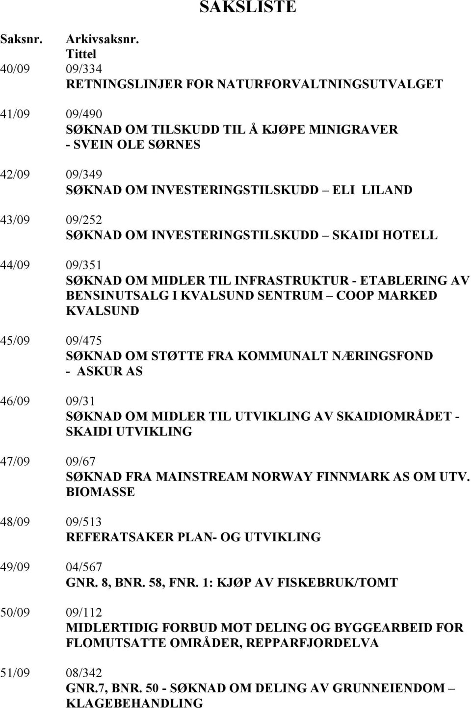 09/252 SØK AD OM I VESTERI GSTILSKUDD SKAIDI HOTELL 44/09 09/351 SØK AD OM MIDLER TIL I FRASTRUKTUR - ETABLERI G AV BE SI UTSALG I KVALSU D SE TRUM COOP MARKED KVALSU D 45/09 09/475 SØK AD OM STØTTE