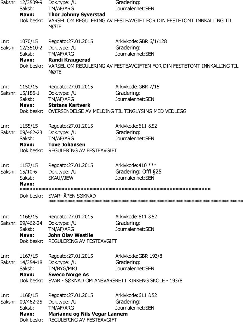 beskr: OVERSENDELSE AV MELDING TIL TINGLYSING MED VEDLEGG Lnr: 1155/15 Regdato:27.01.2015 Arkivkode:611 &52 Saksnr: 09/462-23 Dok.