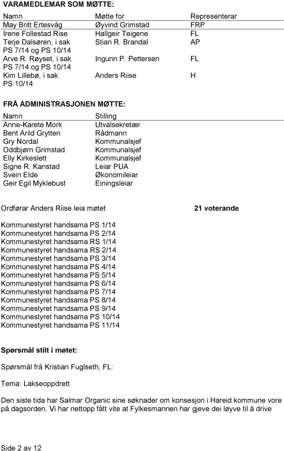 Pettersen Anders Riise FL AP FL H FRÅ ADMINISTRASJONEN MØTTE: Namn Anne-Karete Mork Bent Arild Grytten Gry Nordal Oddbjørn Grimstad Elly Kirkeslett Signe R.