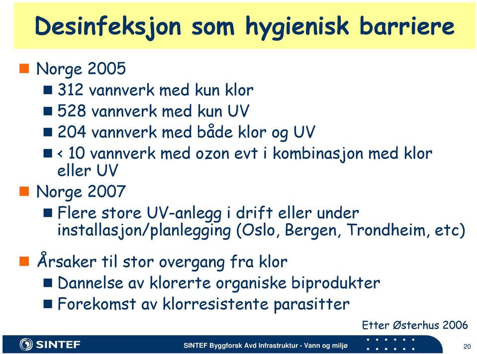 UV-anlegg i drift eller under installasjon/planlegging (Oslo, Bergen, Trondheim, etc) Årsaker til stor