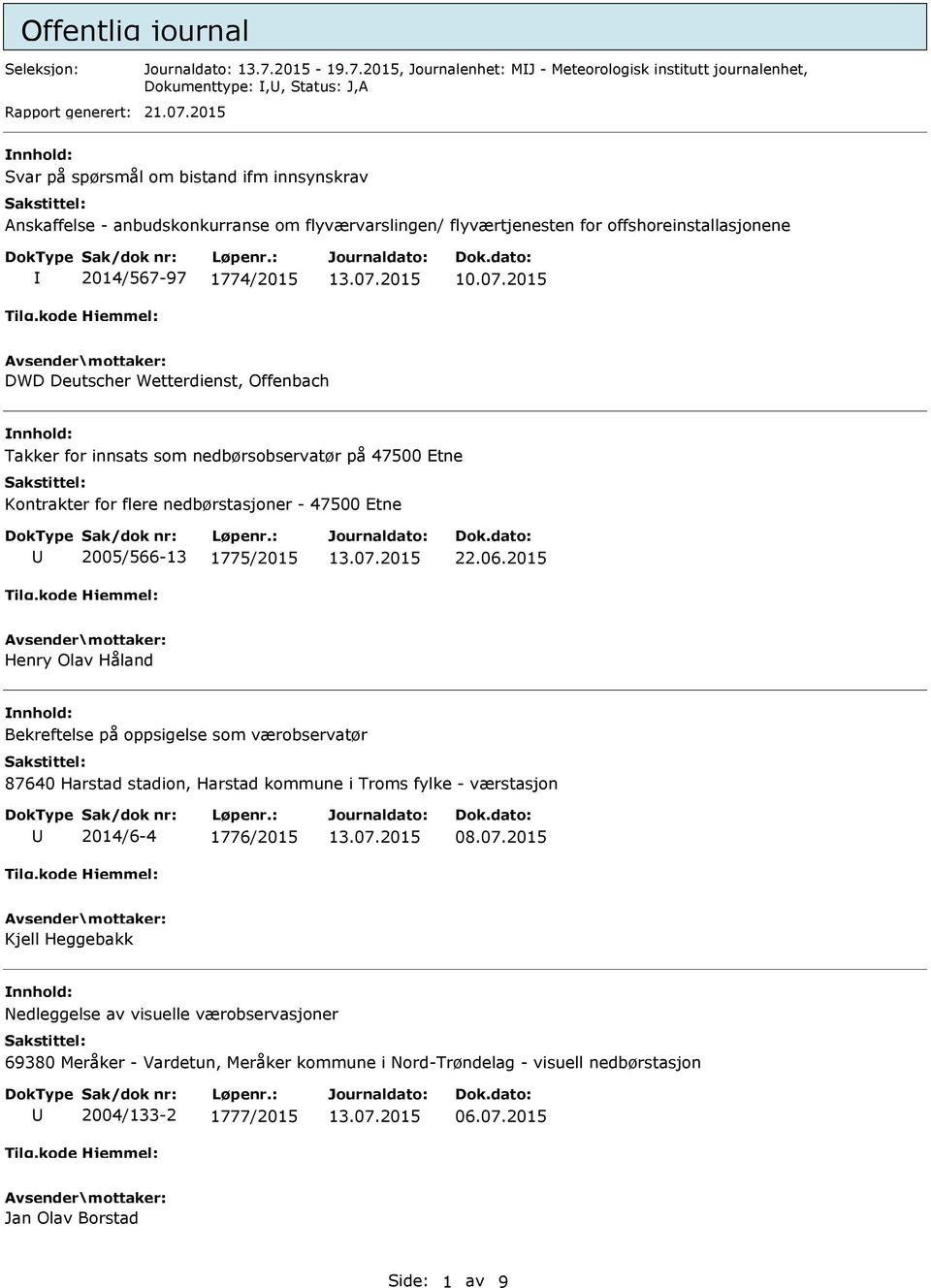 2015 DWD Deutscher Wetterdienst, Offenbach Takker for innsats som nedbørsobservatør på 47500 Etne Kontrakter for flere nedbørstasjoner - 47500 Etne 2005/566-13 1775/2015 22.06.