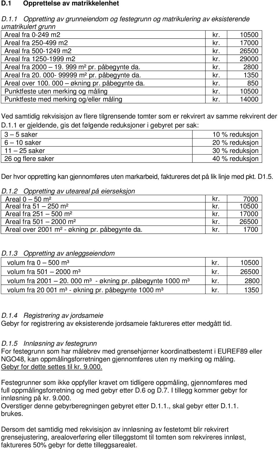 000 økning pr. påbegynte da. kr. 850 Punktfeste uten merking og måling kr. 10500 Punktfeste med merking og/eller måling kr.