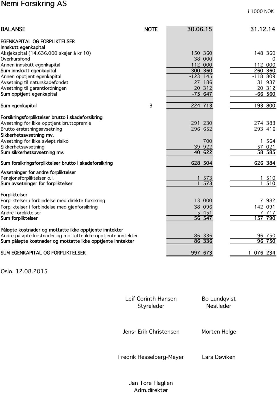 naturskadefondet 27 186 31 937 Avsetning til garantiordningen 20 312 20 312 Sum opptjent egenkapital -75 647-66 560 Sum egenkapital 3 224 713 193 800 Forsikringsforpliktelser brutto i skadeforsikring